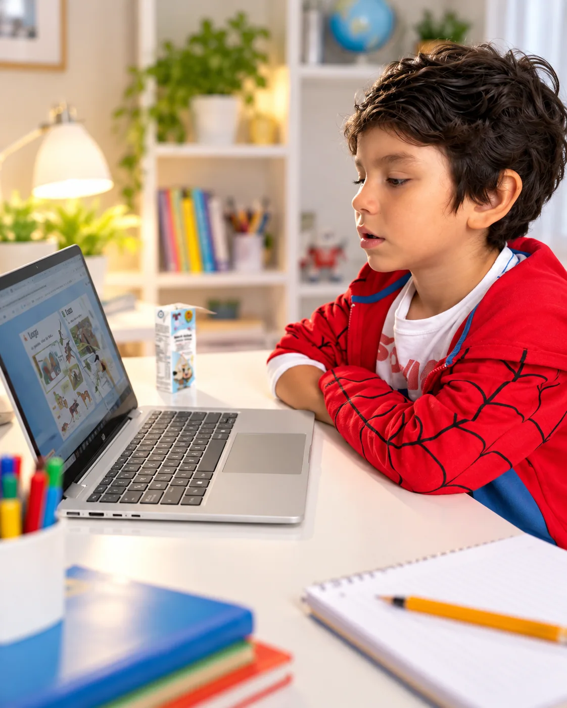 Pequeño estudiante en clase virtual