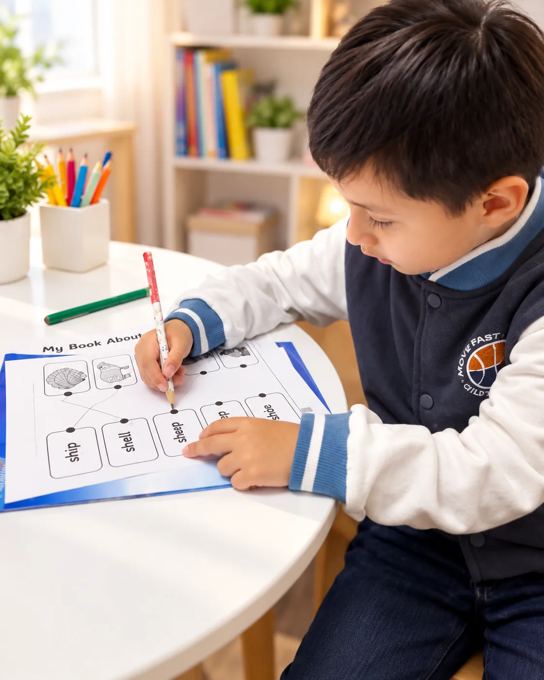 Niño trabajando una ficha de fonética