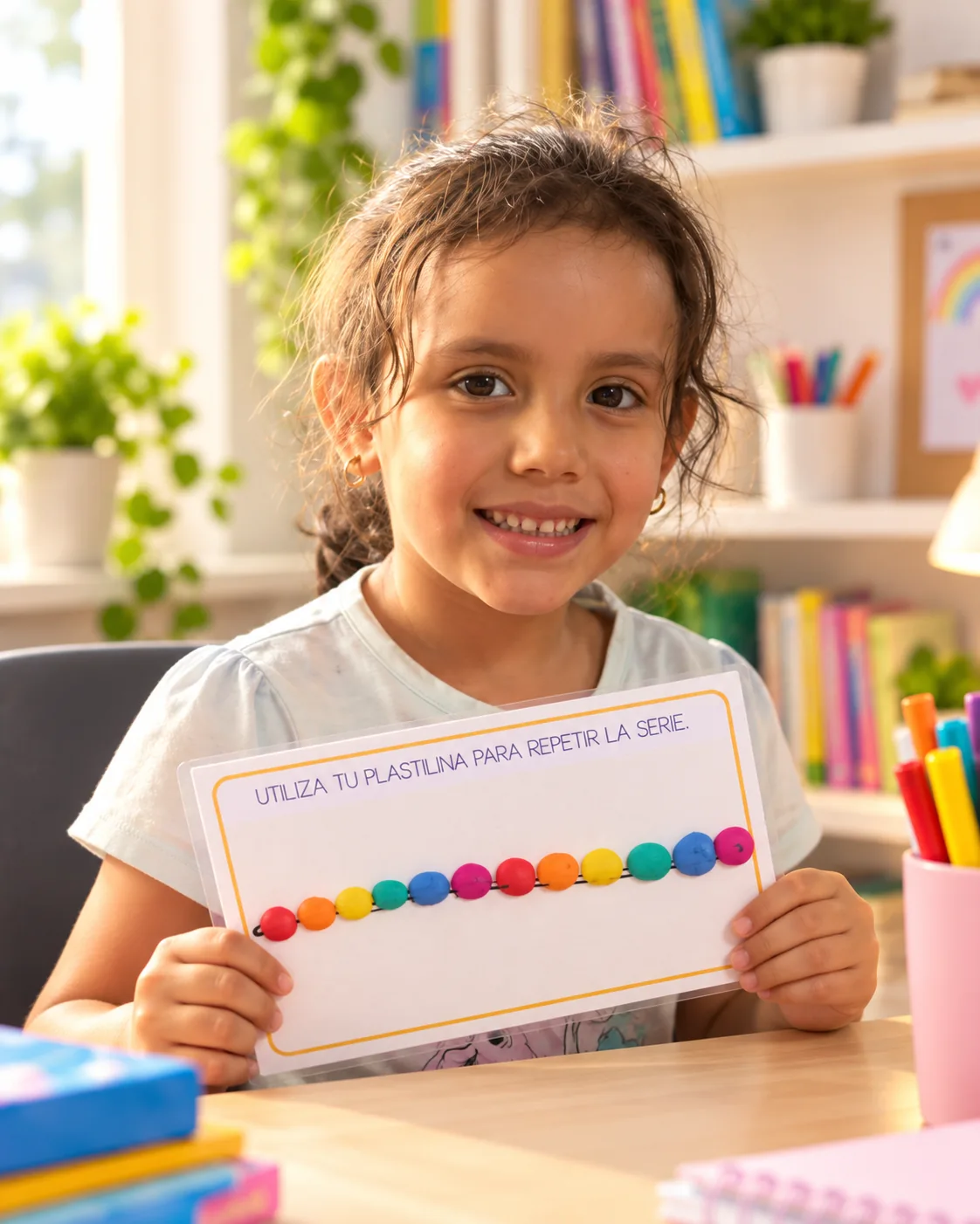Niña mostrando una actividad de patrones con plastilina