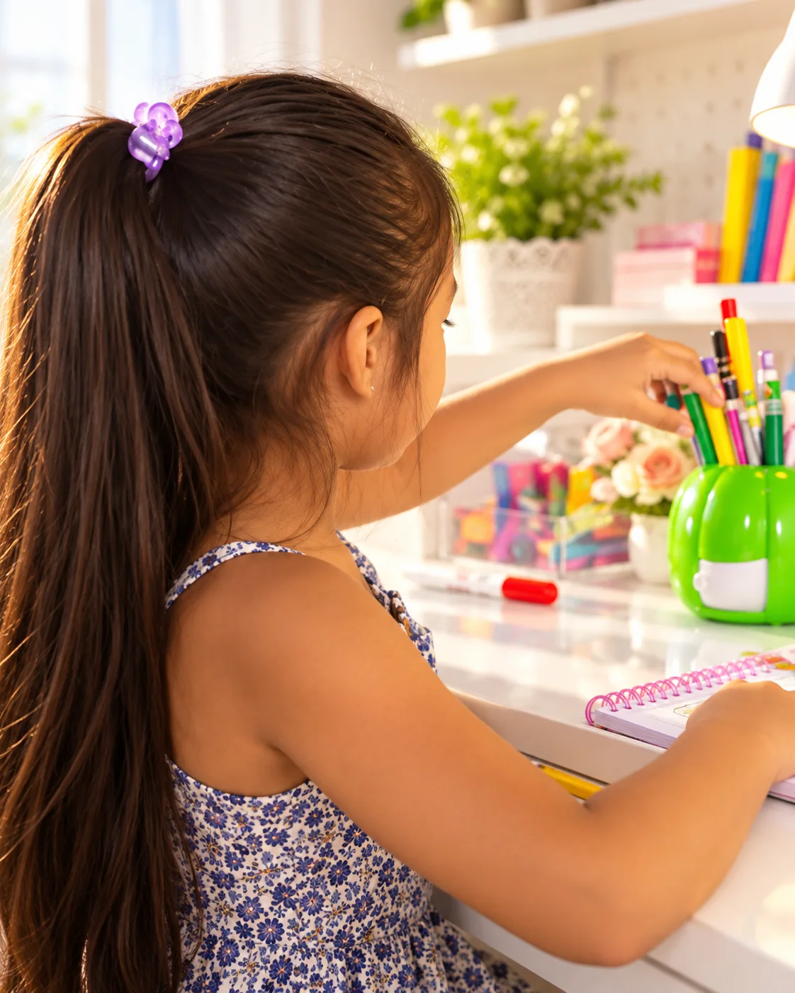 Niña concentrada realizando una ficha de trabajo