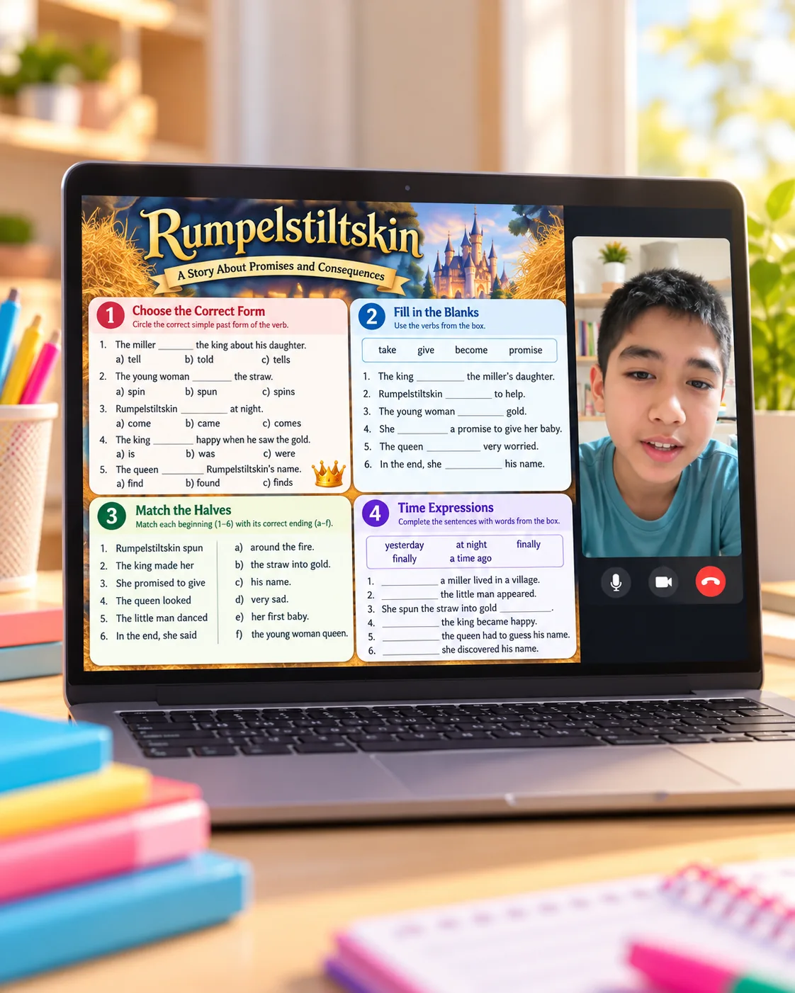 Clase de inglés virtual con material del cuento Rumpelstiltskin
