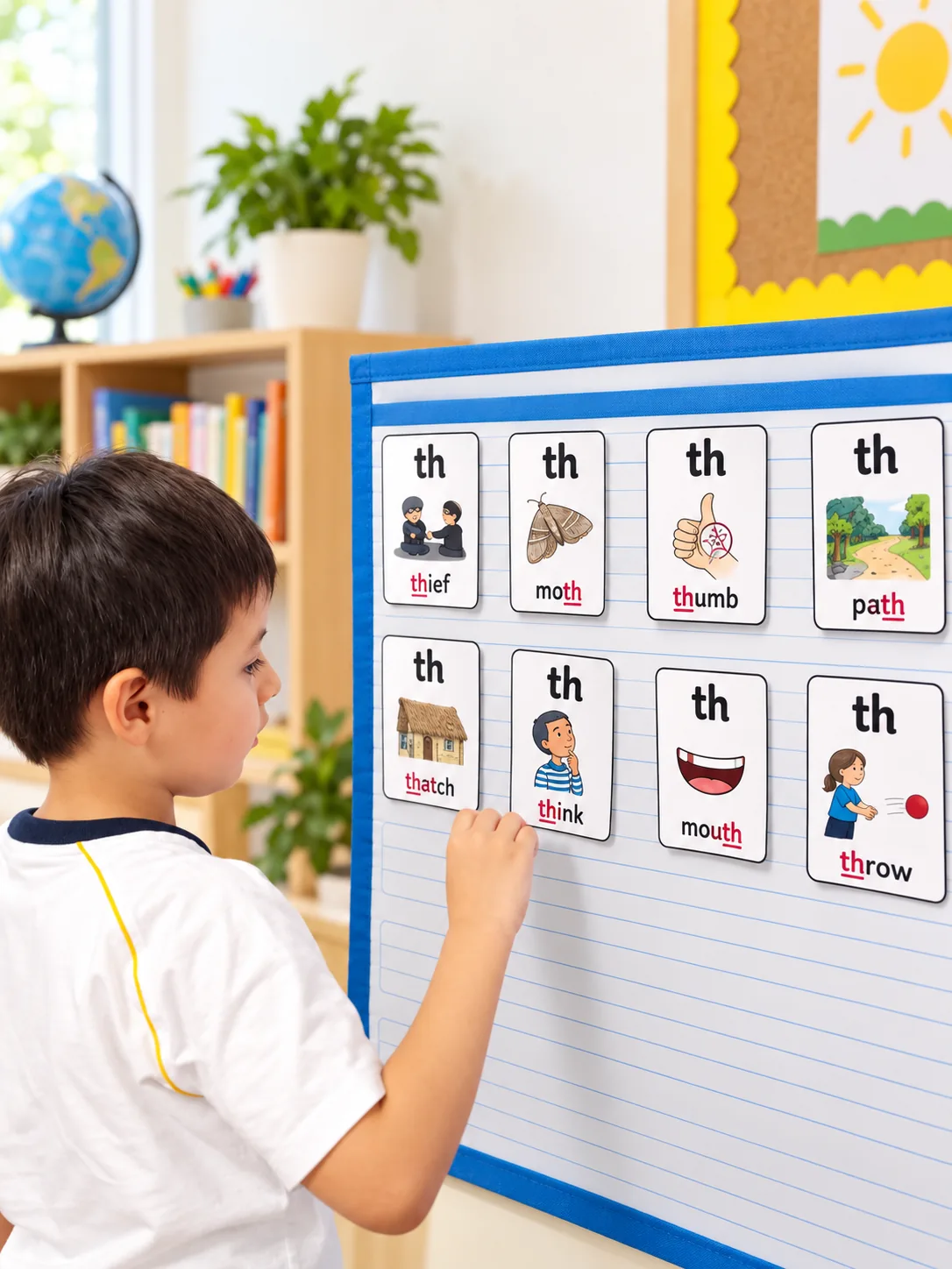 Niño aprendiendo el sonido th con tarjetas visuales